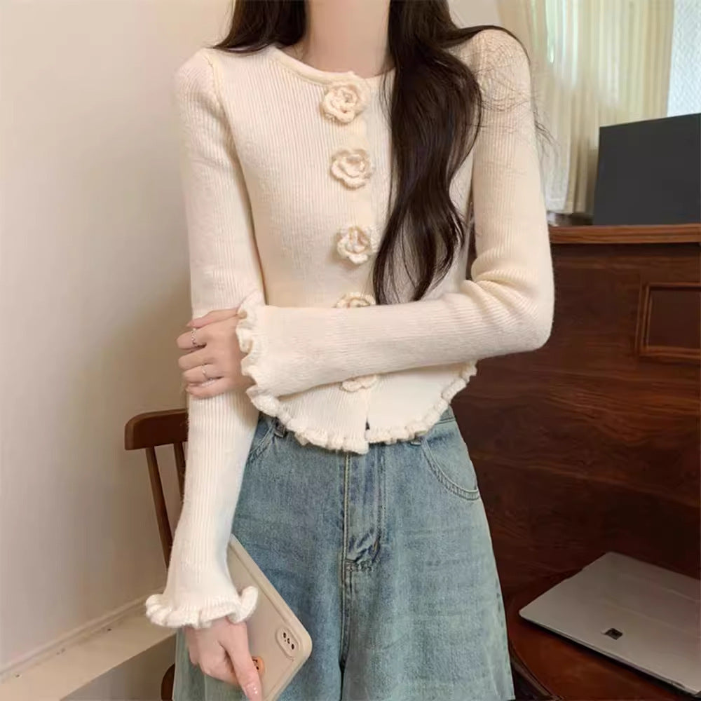 Women's Three-Dimensional Flower Long-Sleeve Sweater with Wooden Button Details