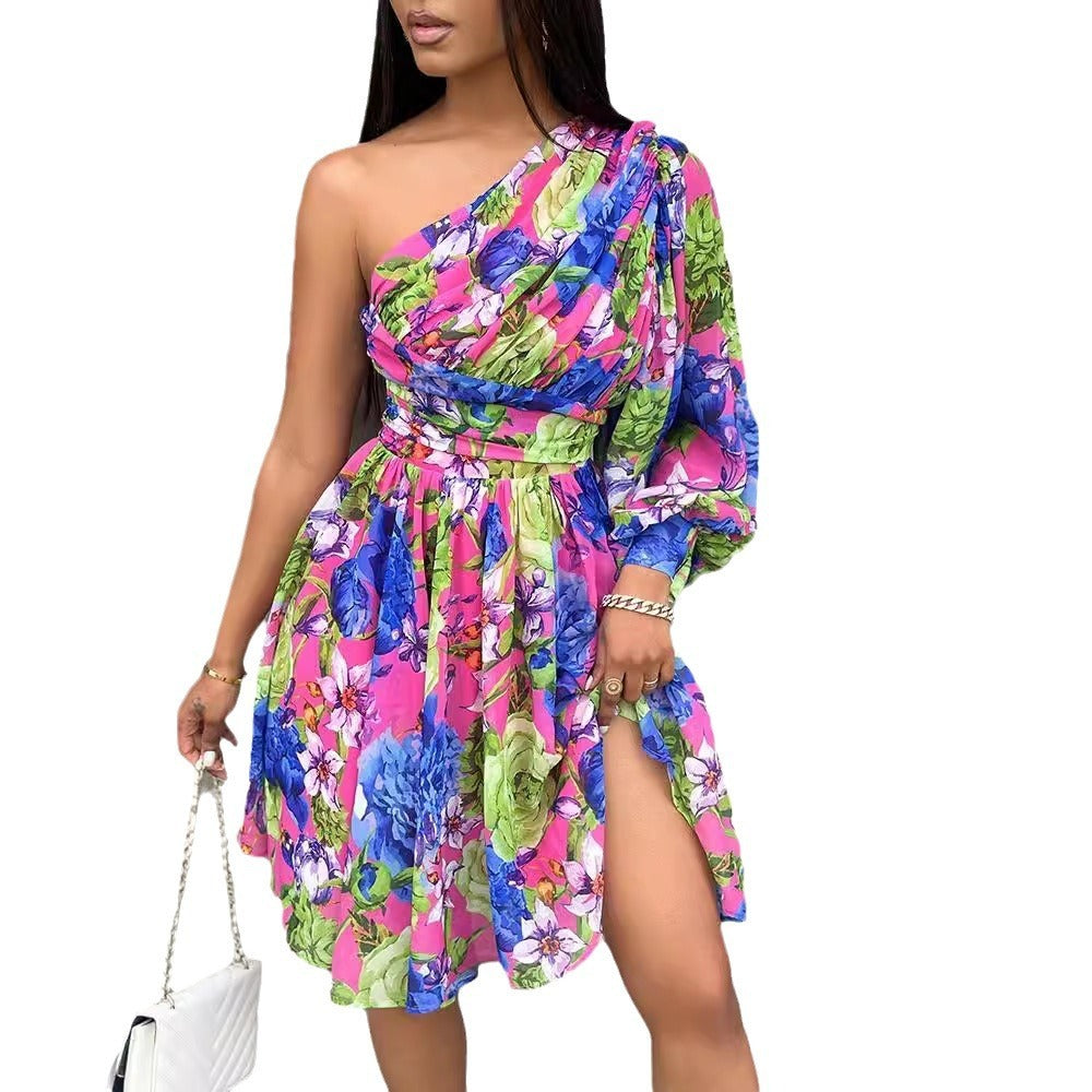 Women's Fashionable Shoulder-Baring Dress with Waist Trimming and Print