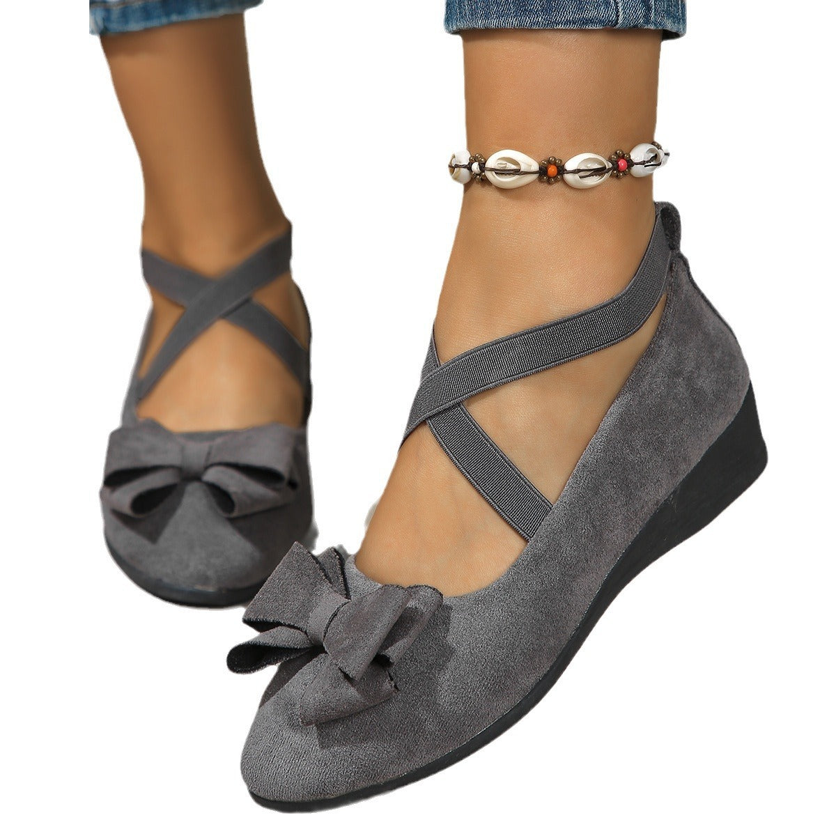 Suede Wedge Shoes with Bow and Cross Elastic Band – Oversized Design