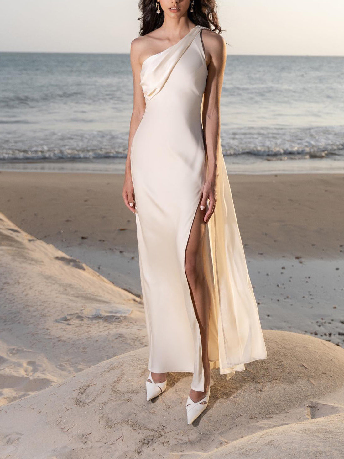 One-Shoulder Apricot Dress with Slit Detail