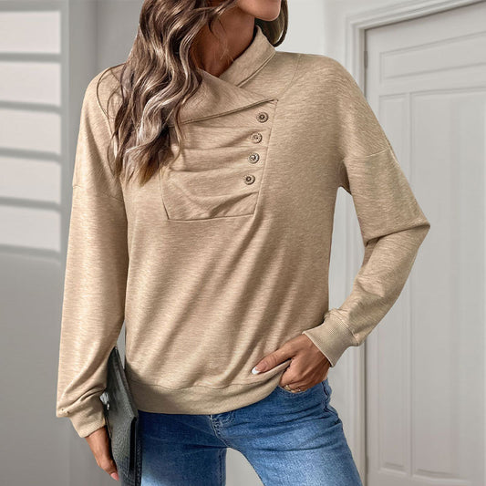 Button Stand Collar Sweater with Pleating