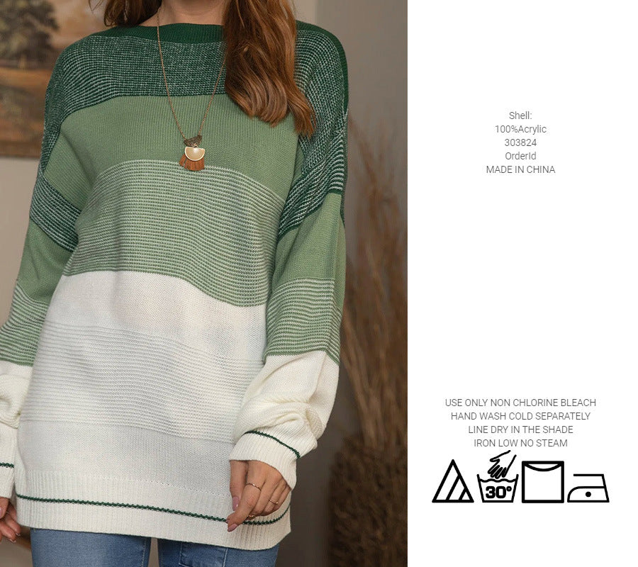 Women's Gradient Striped Color-Blocking Sweater – Loose Fit Green Knit Pullover