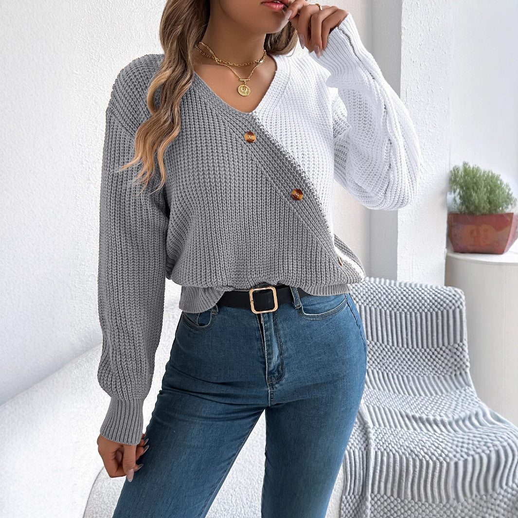 Casual V-Neck Button-Down Contrast Color Lantern Sleeve Pullover Sweater