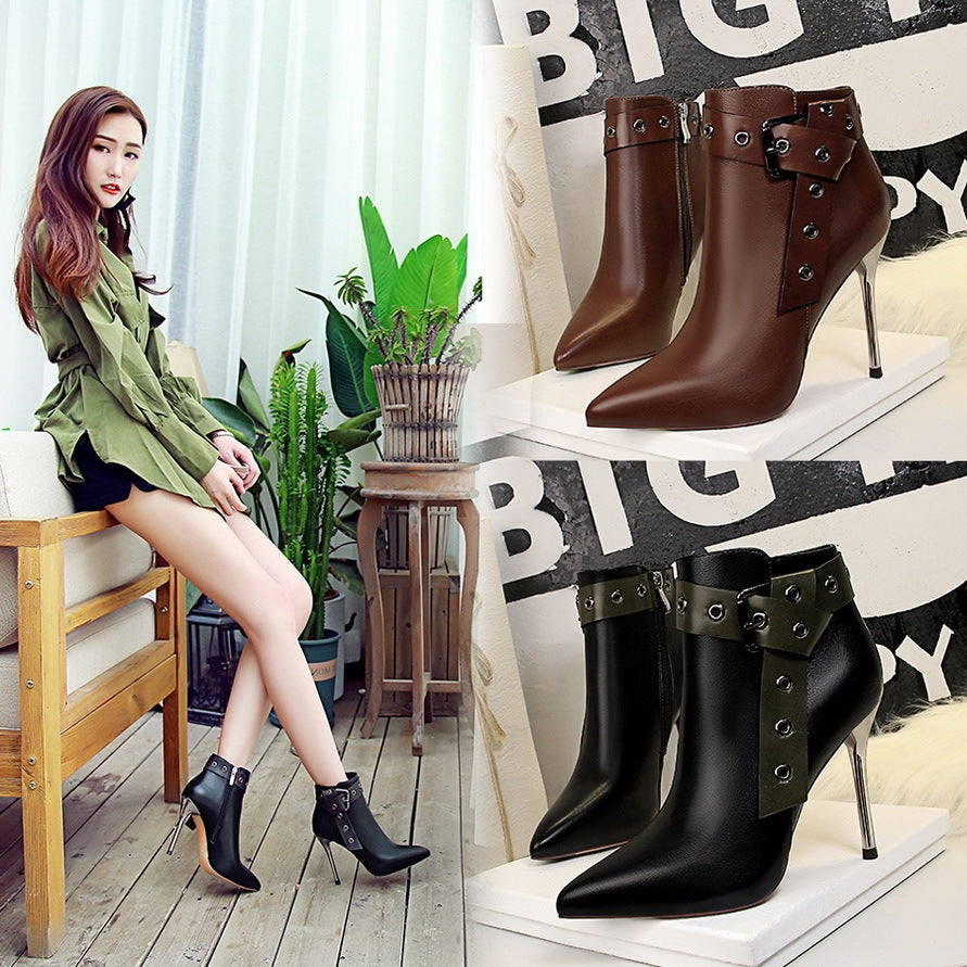 Pointed-Toe Studded Buckle Ankle Boots