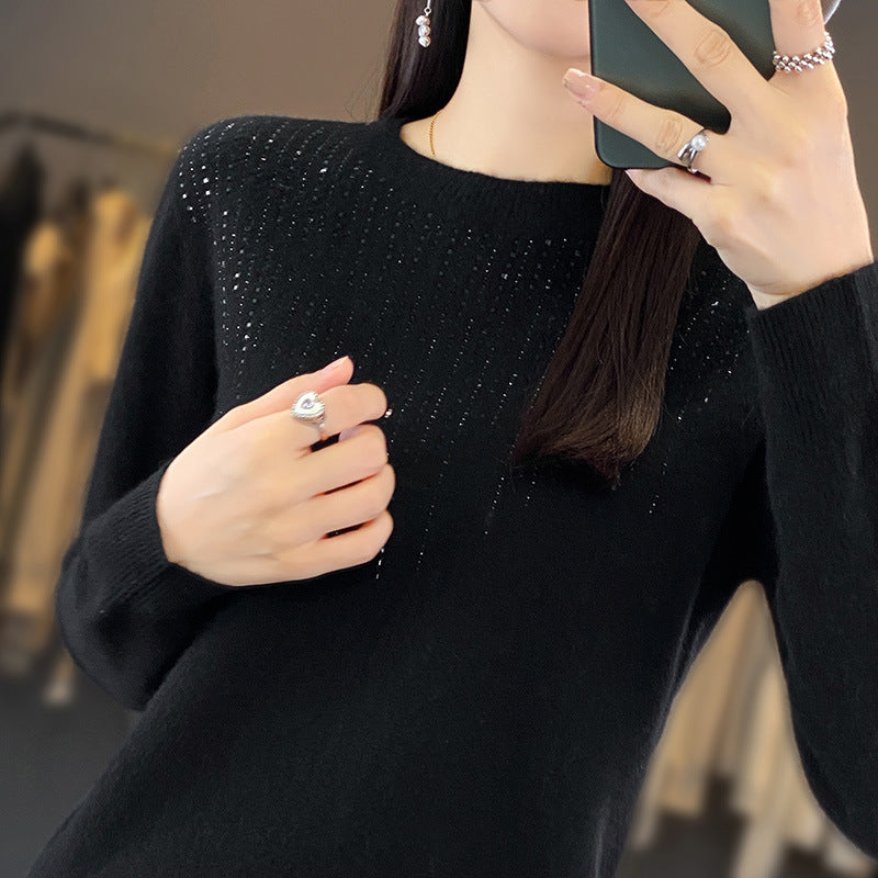 Round Neck Rhinestone Long-Sleeved Knitted Pullover Sweater for Women