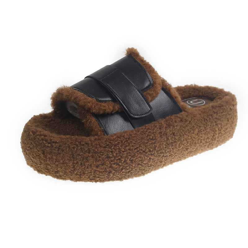 Women's Autumn and Winter Outerwear Lamb Wool Fleece-Lined Casual Fluffy Slippers