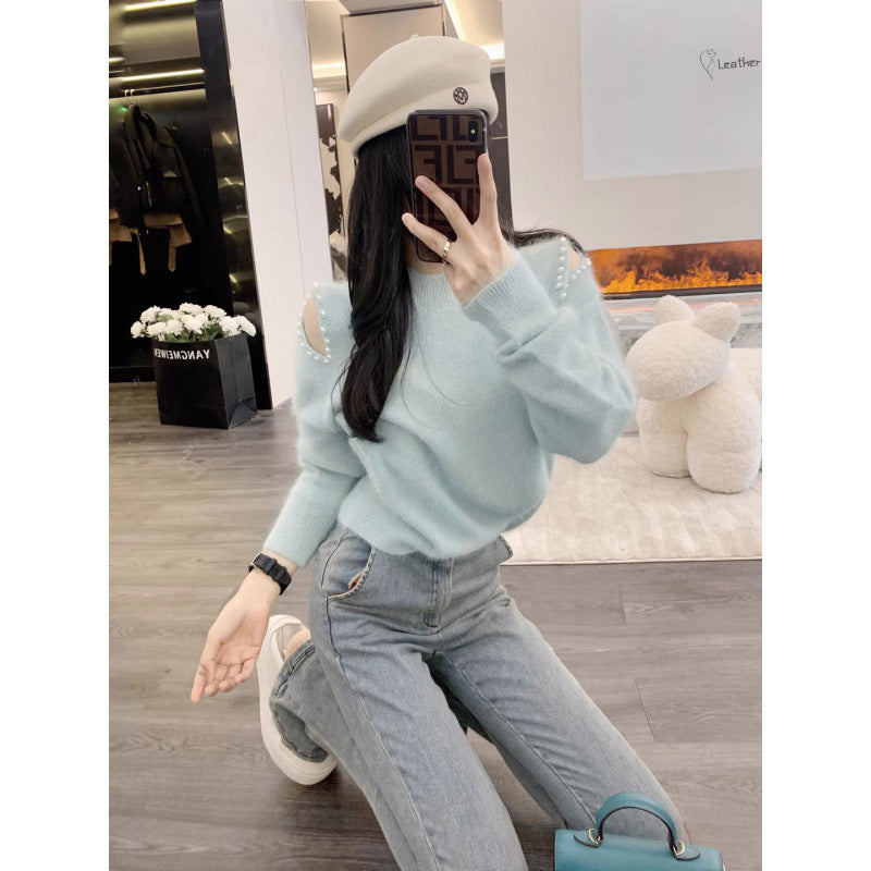 Off-the-Shoulder Beaded Mink-Like Wool Pullover Sweater with Sleeves