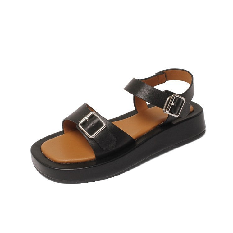 Flat Platform Sandals with Open Toe and Belt Buckle