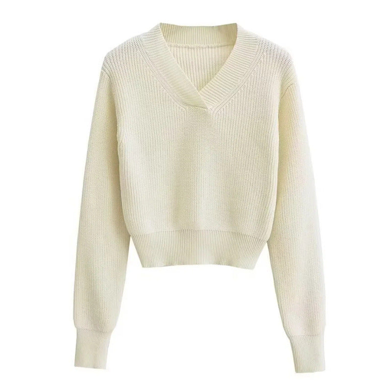 Women's V-Neck Chunky Knit Cropped Pullover Sweater for Autumn and Winter