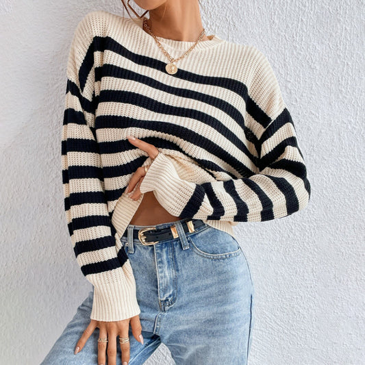 Women's Classic Striped Knit Top with Inner Layer Design