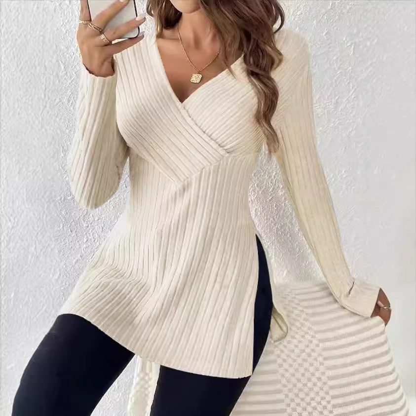 Long Sleeve Solid Color V-Neck Leisure Pajamas with Sunken Stripe Top Design