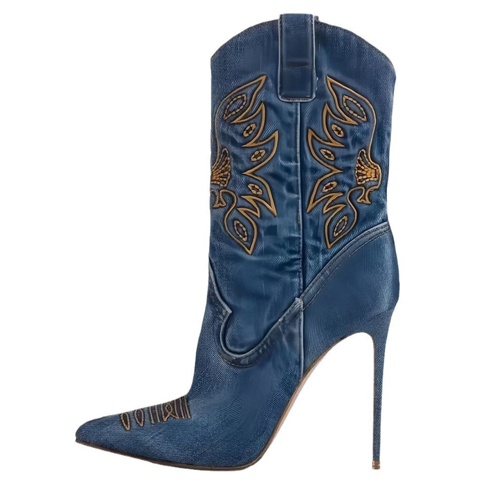 Women's High-Heel Western-Style Denim Fashion Boots