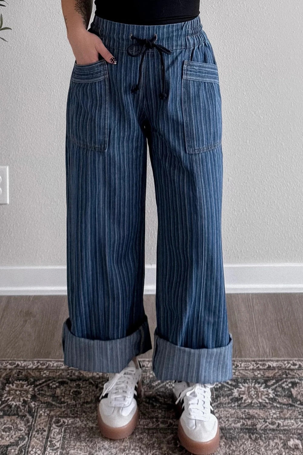 Women's Casual Loose Blue Striped Pants