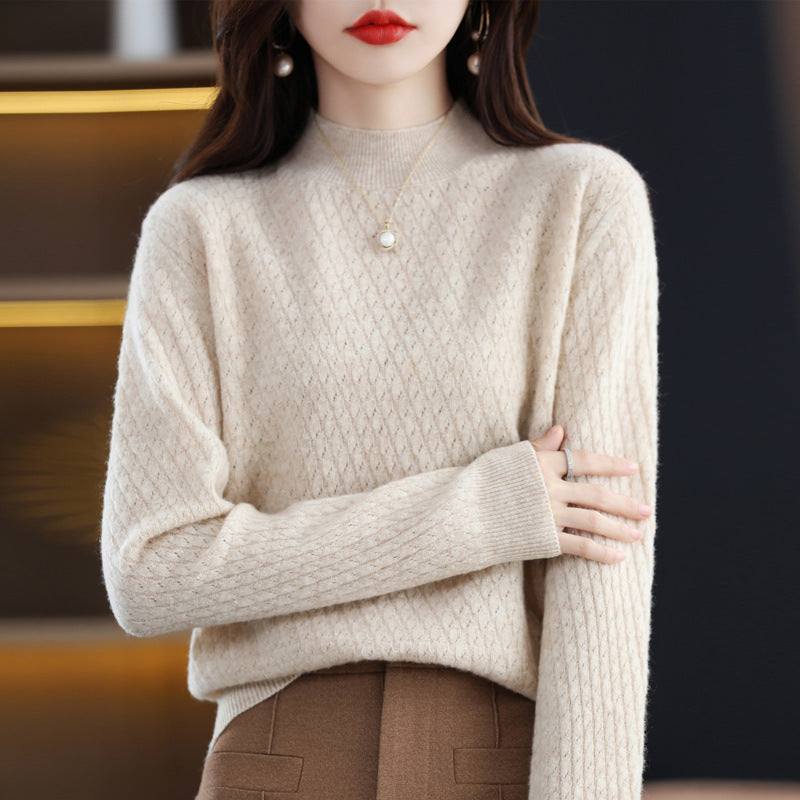 Pure Wool Women's Half-Turtleneck Knitted Sweater - Bottoming Shirt Style