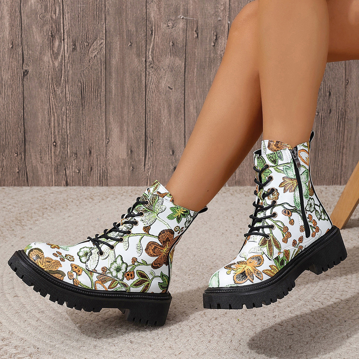 Women's Multicolor Printed Flat Low-Heel Martin Boots