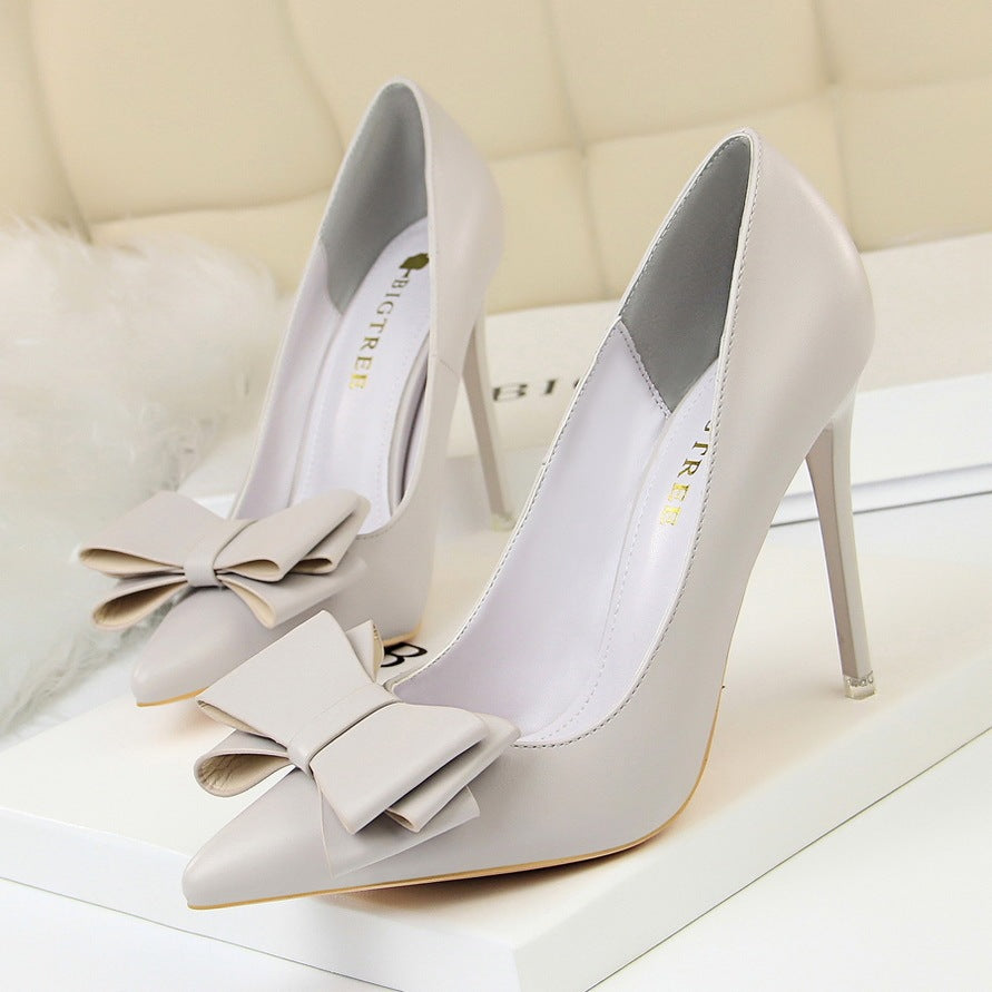 Shallow Mouth Pointed Toe Single Shoes with Bow Detail