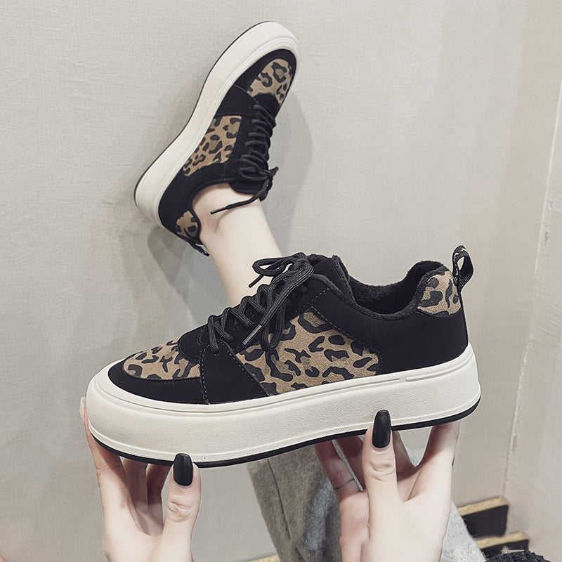 Women's Low-Top Leopard Print Casual Shoes with Cashmere Lining