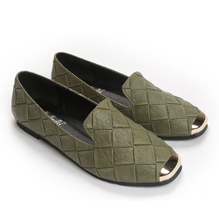 Plaid Woven Square Toe Flat Shoes with Shallow Cut