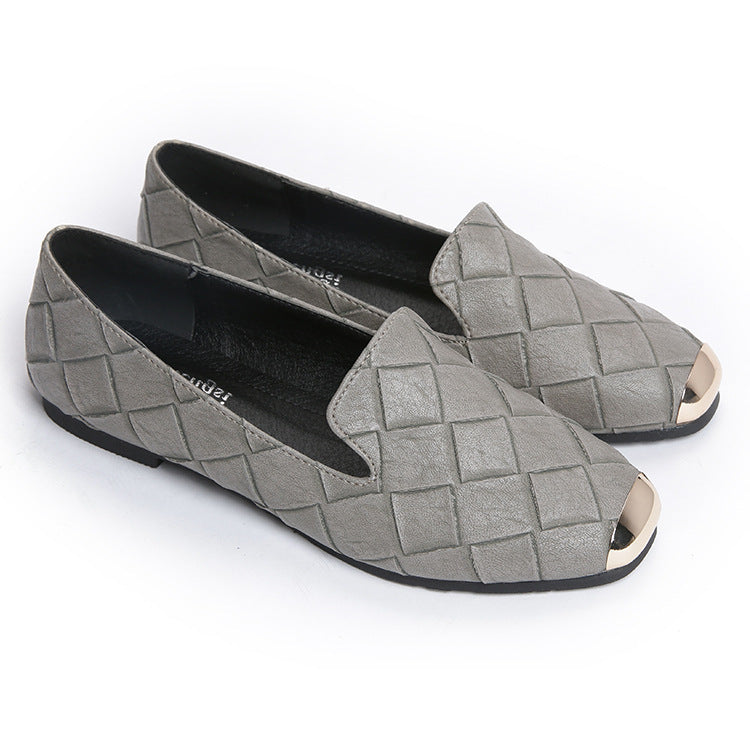 Plaid Woven Square Toe Flat Shoes with Shallow Cut