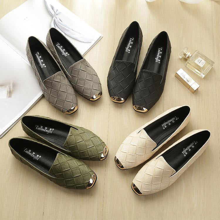 Plaid Woven Square Toe Flat Shoes with Shallow Cut