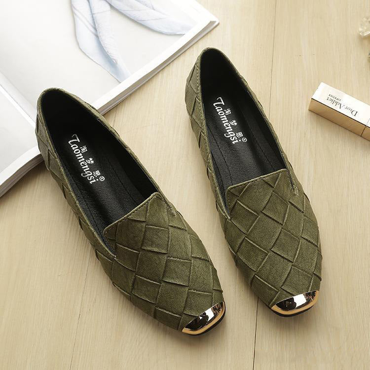 Plaid Woven Square Toe Flat Shoes with Shallow Cut