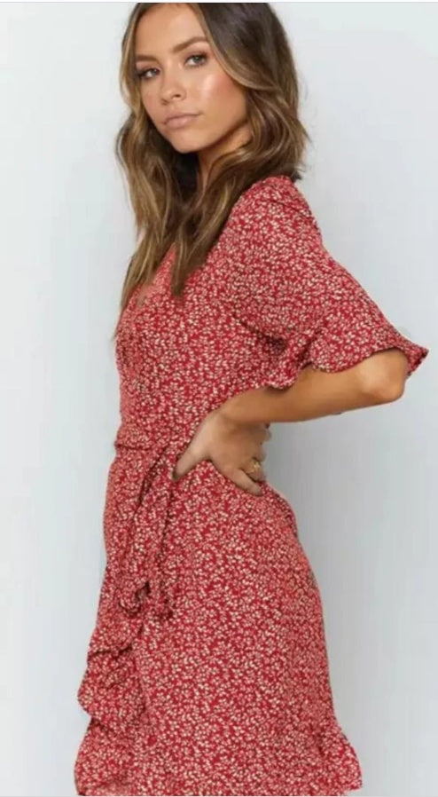 V-Neck Print Sexy Ruffle Sleeve Irregular Dress