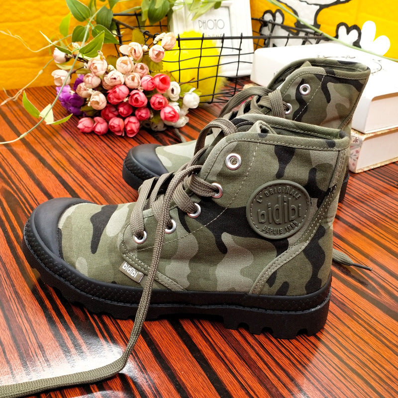 All-Black High-Top Canvas Hiking Shoes with Camouflage Design, Wild Outdoor Sports Martin Boots