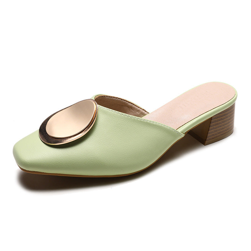 Fashionable Women's Single Shoes in Korean Style with Simple Design and Metal Decorative Thick Heel