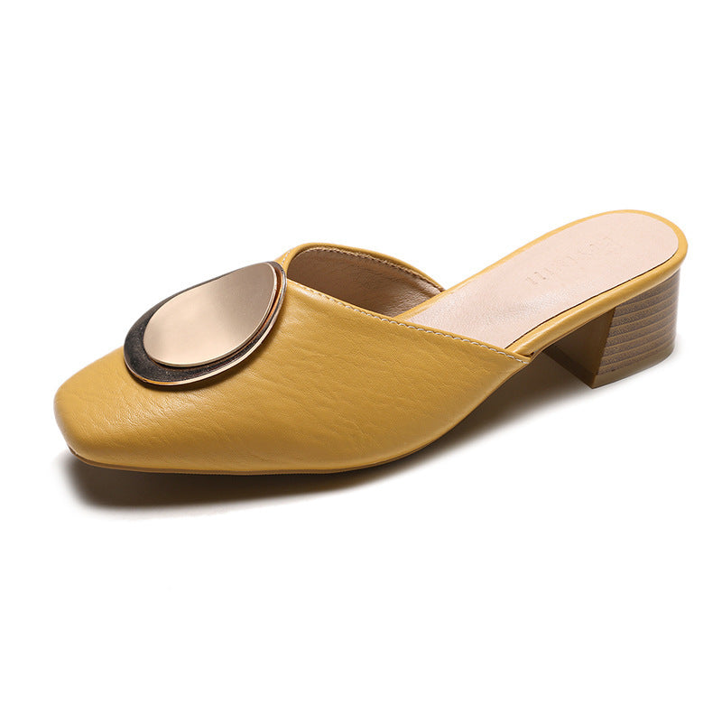 Fashionable Women's Single Shoes in Korean Style with Simple Design and Metal Decorative Thick Heel