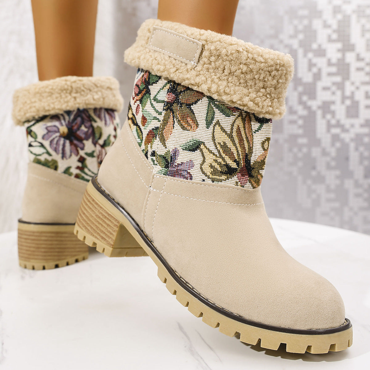 Women's Winter Warm Mid-Tube Snow Boots with Floral Embroidery