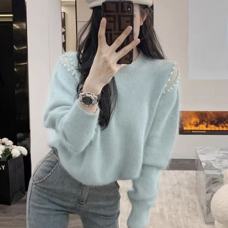 Off-the-Shoulder Beaded Mink-Like Wool Pullover Sweater with Sleeves