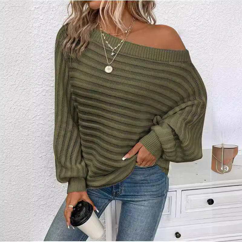 Off-Neck Pullover Knitted Top with Horizontal Pattern and Sunken Stripe Design