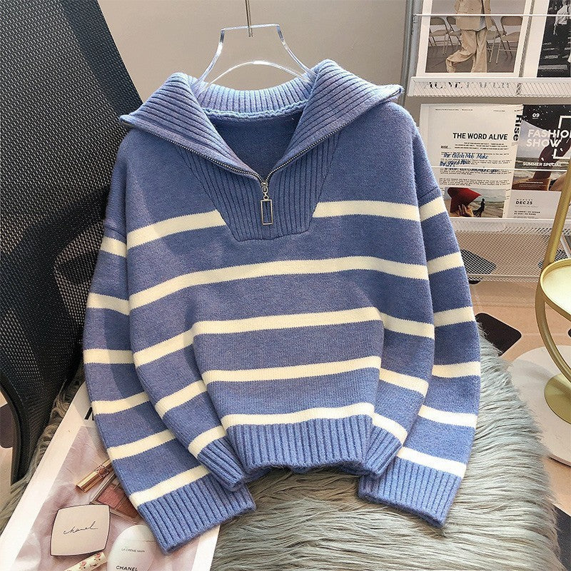 Women's Zippered Contrast Color Striped Sweater