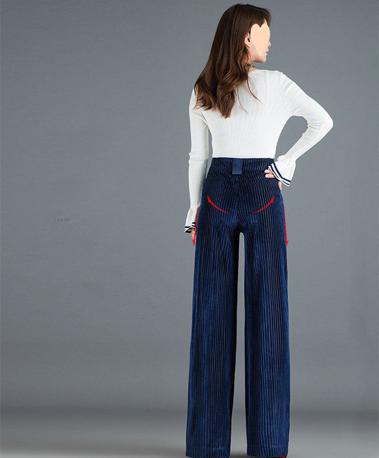 Gold Silk Striped Velvet Wide-Leg Pants for Women – Elegant and Stylish