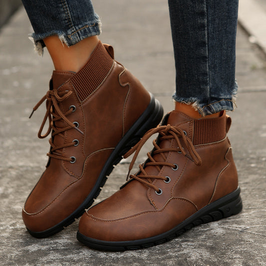 Women's Round-Toe Lace-Up Ankle Boots – Fall and Winter Fashion, Versatile Non-Slip Flat Shoes