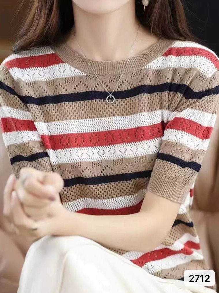 Color-Block Hollow-Out Loose Striped Top with Half Sleeves