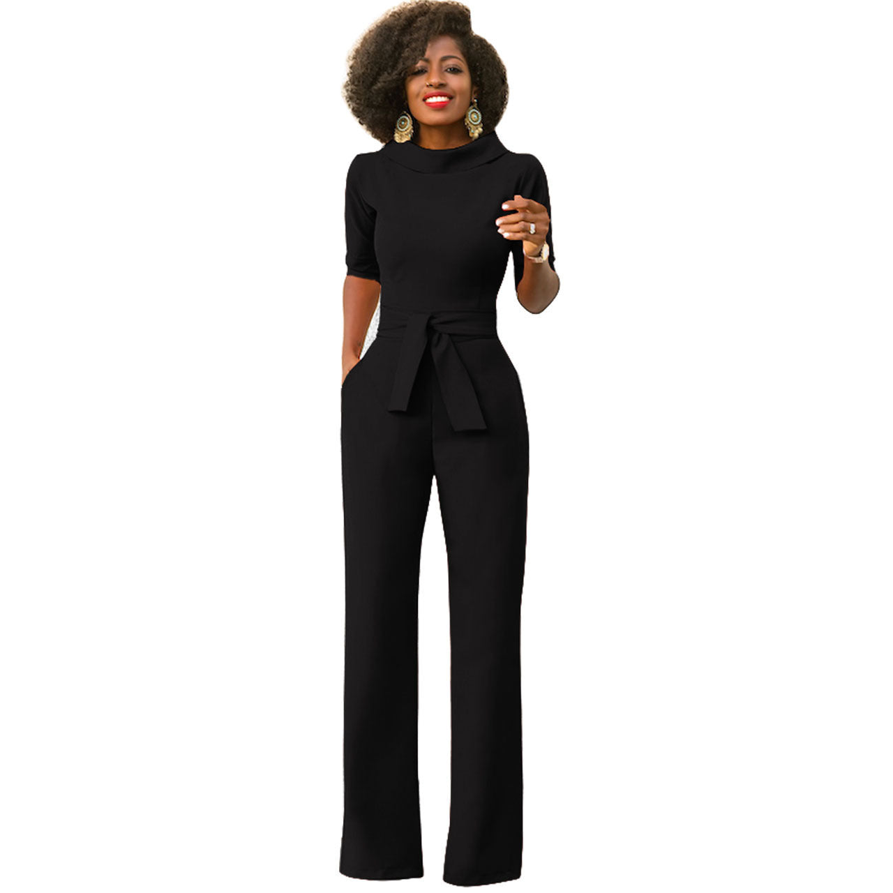 Women's Solid Color Five-Quarter Sleeve High-Waist Wide-Leg Jumpsuit