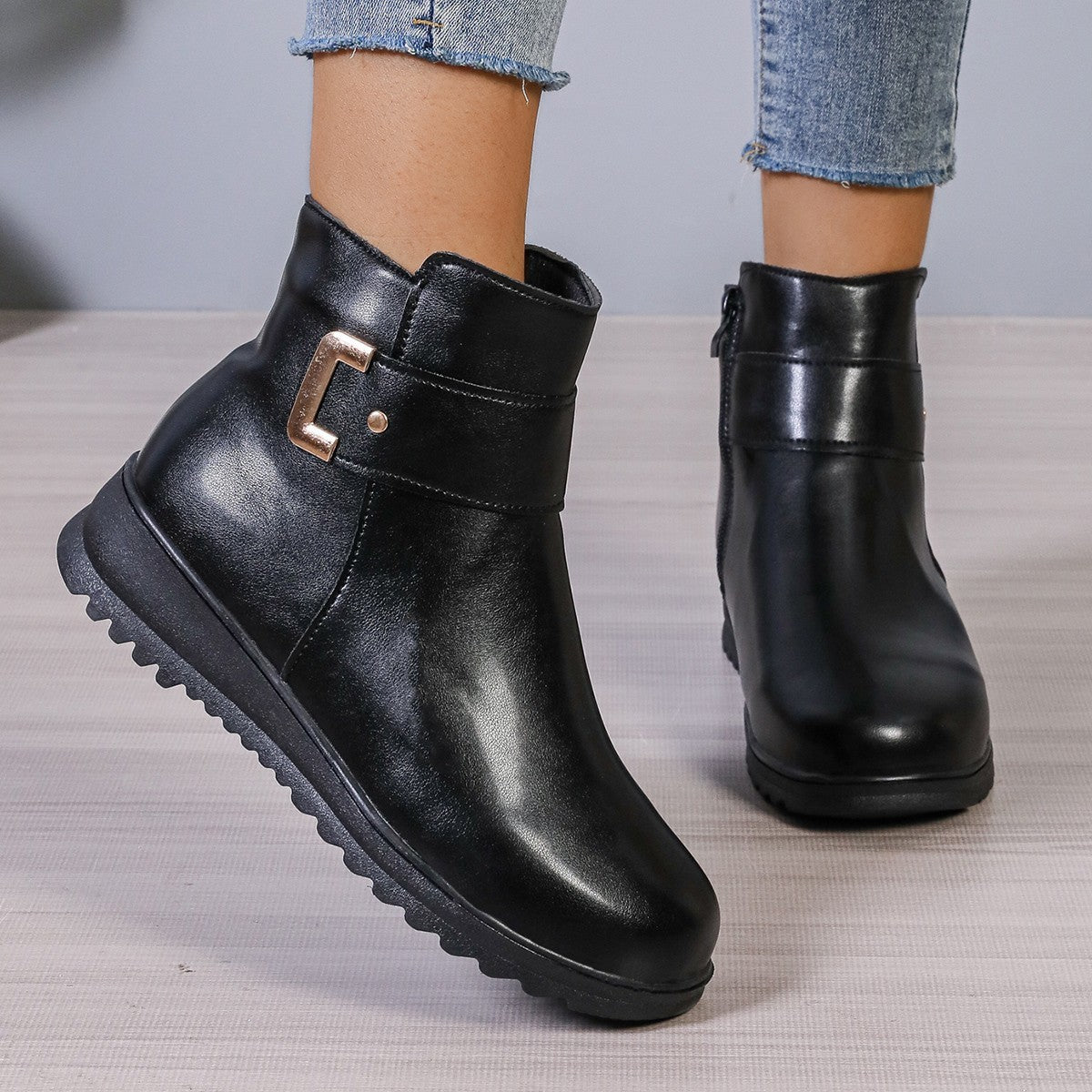 Women's Winter Fleece Ankle Boots – Warm PU Leather with Side Zipper Design, Fashionable, Simple, and Non-Slip