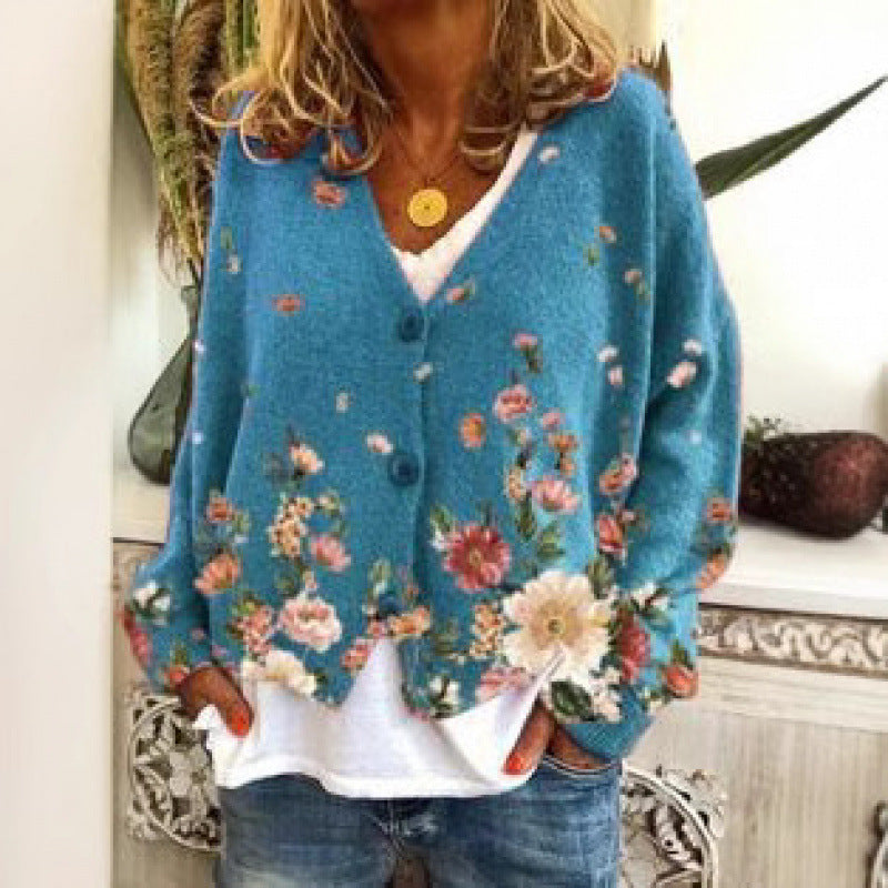 Women's Retro Floral Print Cardigan Sweater - Artistic and Colorful Design