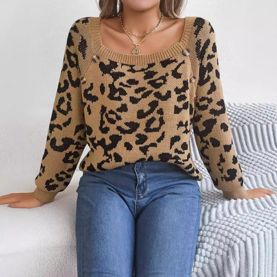 Casual Square Collar Button Contrast Color Leopard Print Long Sleeve Sweater