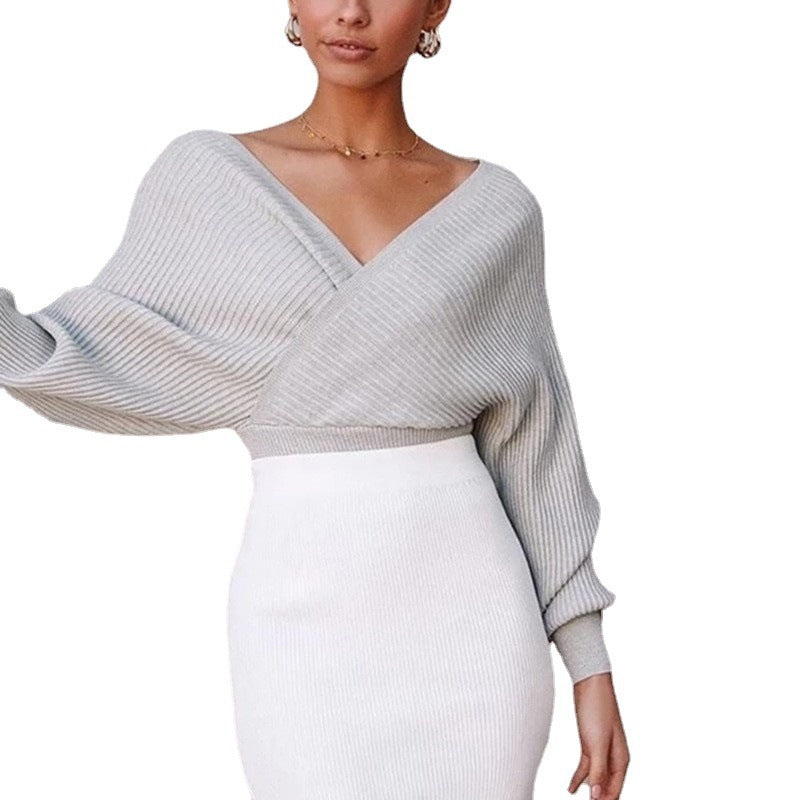 Autumn and Winter Off-the-Shoulder Fitted Waist Long-Sleeve Sweater Pullover