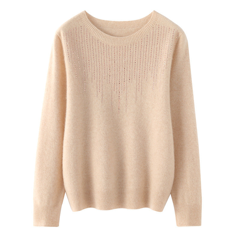 Round Neck Rhinestone Long-Sleeved Knitted Pullover Sweater for Women