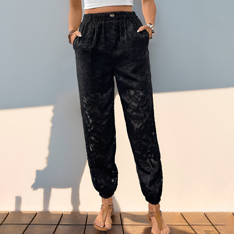 Women's High Waist Casual Textured Ankle Pants