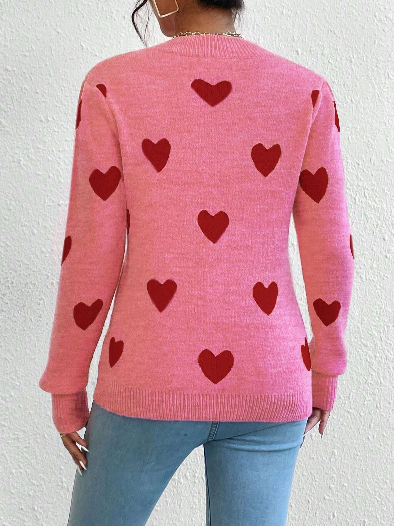 Leisure Heart Jacquard Long Sleeve Crew Neck Pullover Sweater for Women