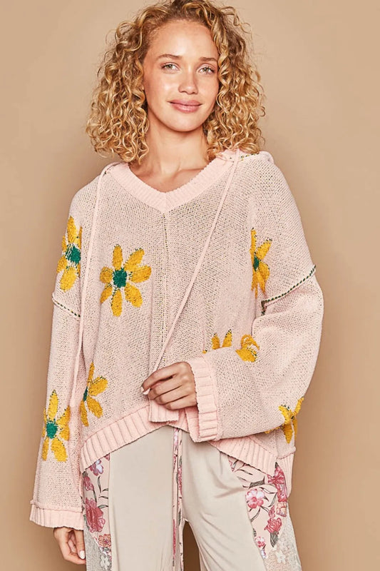 Floral Pattern Hooded High-Low Sweater for Women