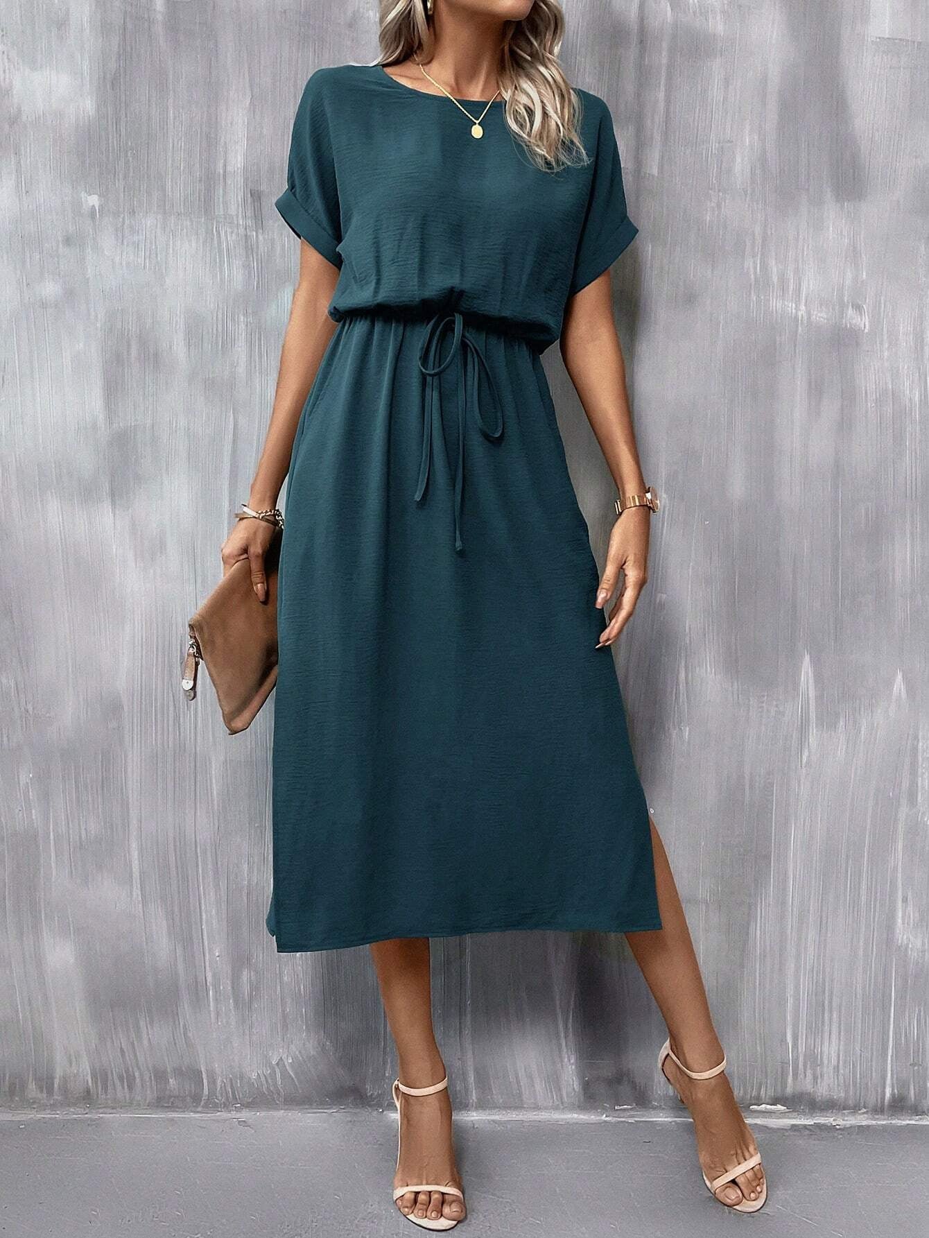 Classy Batwing Sleeve Dress with Knot Front and Thigh-High Split Design