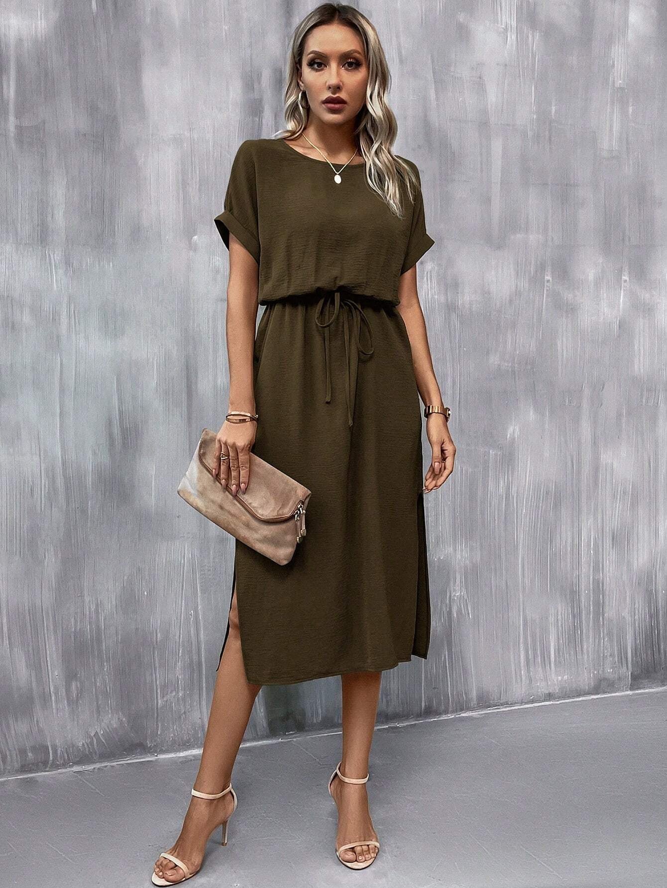 Classy Batwing Sleeve Dress with Knot Front and Thigh-High Split Design