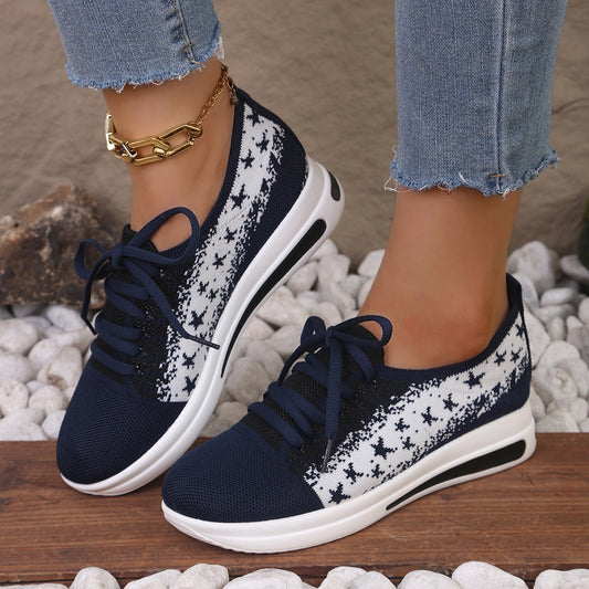 Women's Fashion Lace-Up Mesh Sneakers – Stars-Printed Design, Casual Thick-Bottom Round-Toe Flat Shoes