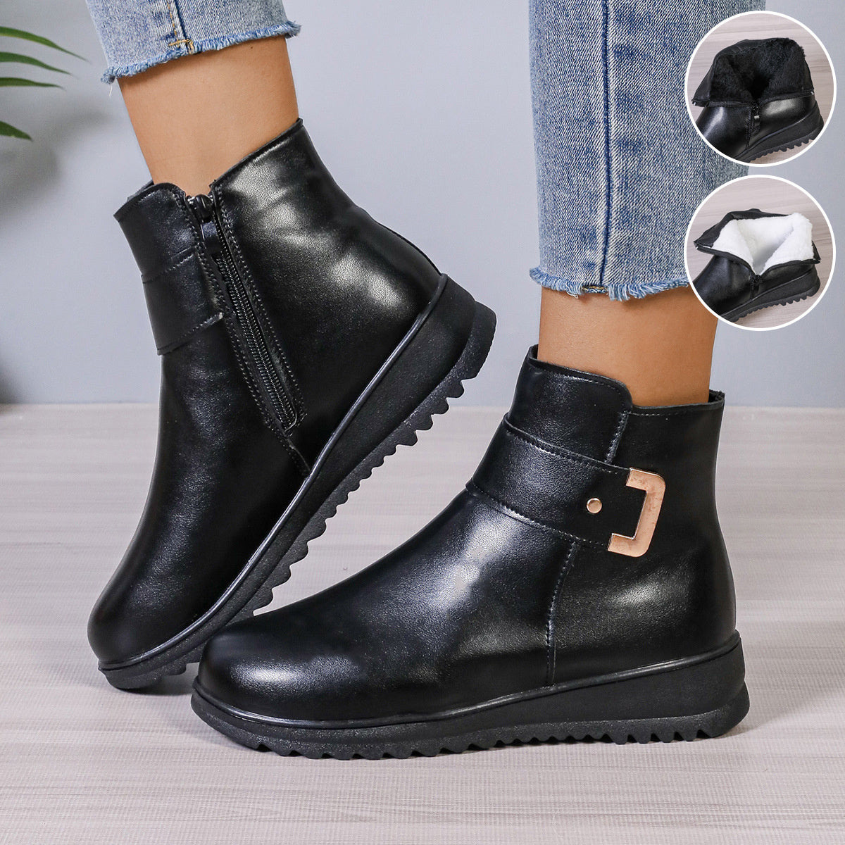 Women's Winter Fleece Ankle Boots – Warm PU Leather with Side Zipper Design, Fashionable, Simple, and Non-Slip