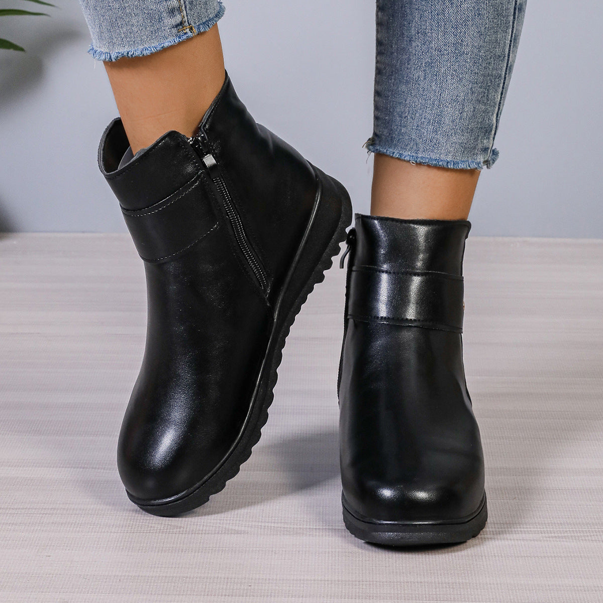 Women's Winter Fleece Ankle Boots – Warm PU Leather with Side Zipper Design, Fashionable, Simple, and Non-Slip